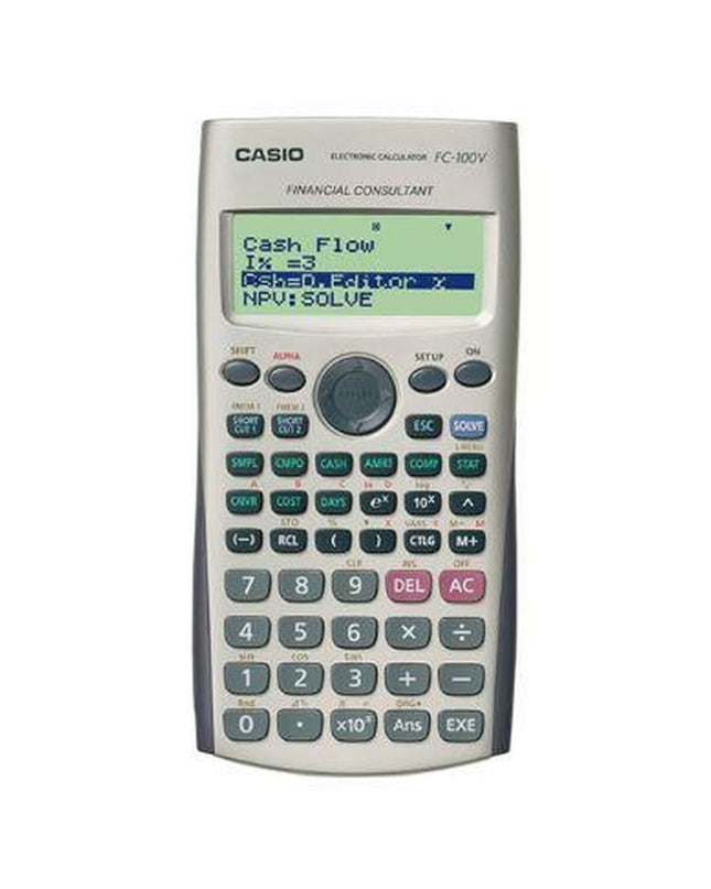 Ten gray Casio FC-100V scientific calculators for office and school use, featuring a compact design and advanced functions.