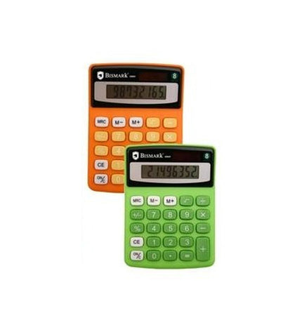 Set of 12 Bismark calculators, compact electronic office devices for calculations, shown stacked with digital displays visible