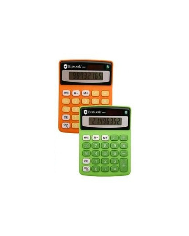 Set of 12 Bismark calculators, compact electronic office devices for calculations, shown stacked with digital displays visible