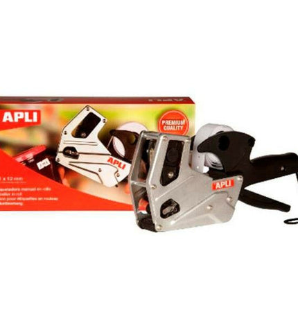 Apli Premium manual label maker with 21x12mm labels, shown with 12 printed adhesive labels for office organization.