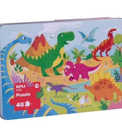 Apli dinosaur puzzle with 48 pieces, colorful interlocking plastic puzzle pieces on a flat surface.