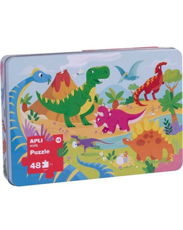 Apli dinosaur puzzle with 48 pieces, colorful interlocking plastic puzzle pieces on a flat surface.