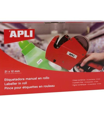 Apli handmatige labelmachine with 12 labels, showing the compact device for office labeling tasks