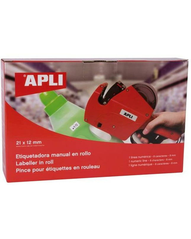 Apli handmatige labelmachine with 12 labels, showing the compact device for office labeling tasks