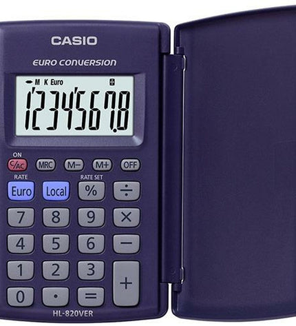Set of 10 purple Casio HL-820VER calculators, compact office electronic devices for quick calculations, shown in a group.