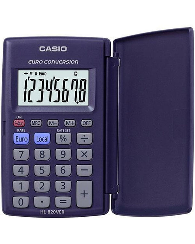 Set of 10 purple Casio HL-820VER calculators, compact office electronic devices for quick calculations, shown in a group.