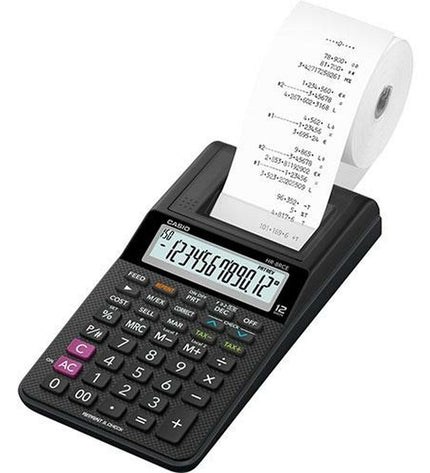 Set of 10 black Casio HR-8RCE printing calculators, ideal for office use, featuring compact design and easy-to-read displays.