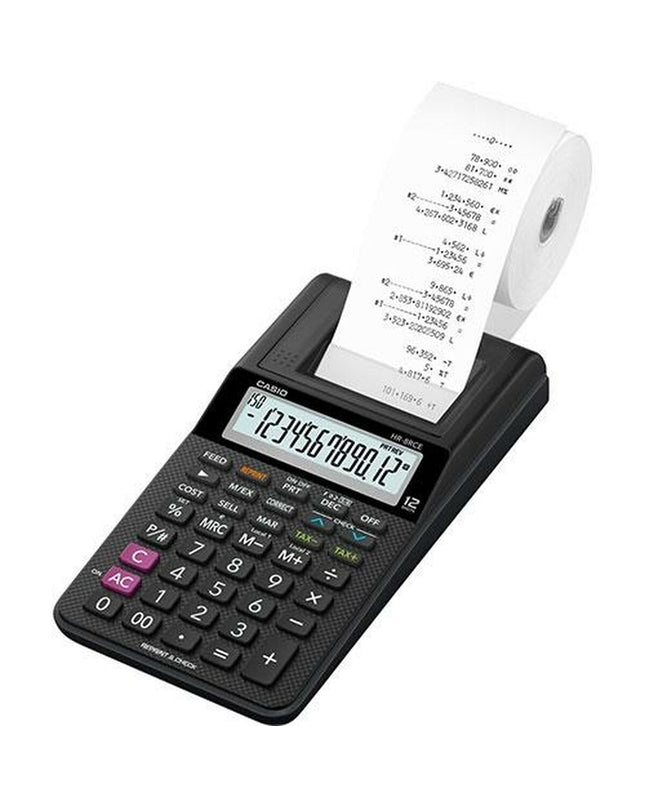 Set of 10 black Casio HR-8RCE printing calculators, ideal for office use, featuring compact design and easy-to-read displays.