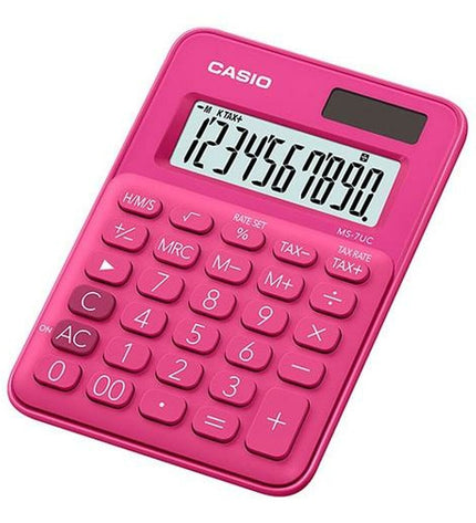 Set of 10 red Casio calculators, compact office electronic devices for quick calculations, perfect for office or school use.