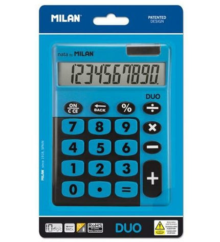 Set of 10 blue Milan TOUCH DUO calculators, 14.5 x 10.6 x 2.1 cm, ideal for office electronics and stationery.