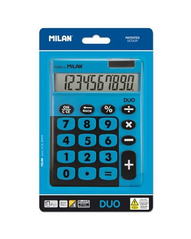 Set of 10 blue Milan TOUCH DUO calculators, 14.5 x 10.6 x 2.1 cm, ideal for office electronics and stationery.