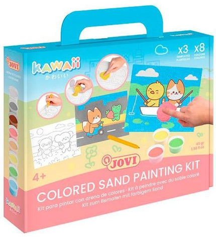 Three jars of Jovi Magisch Zand KAWAII colorful modeling sand for creative play and artistic activities.