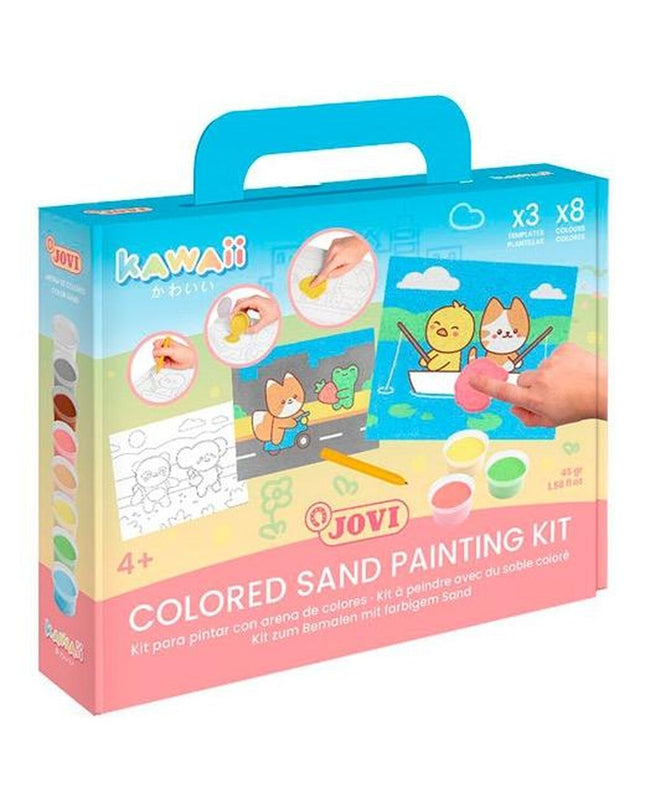 Three jars of Jovi Magisch Zand KAWAII colorful modeling sand for creative play and artistic activities.