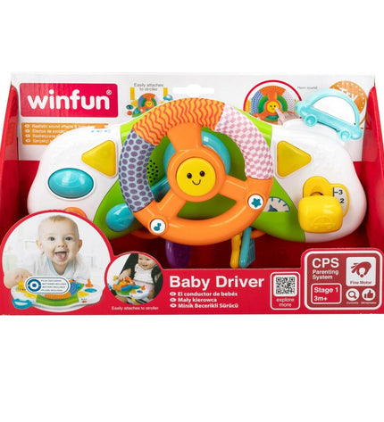Set of four Winfun baby stroller steering wheels, 27.5 x 15.5 x 7.5 cm, colorful plastic toy for young children.