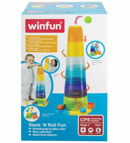 Winfun baby stacking blocks set with four colorful wooden pieces, measuring 23x61x23 cm, for young children's play.