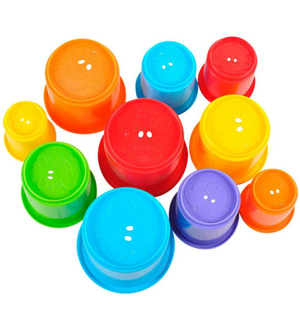 Set of six PlayGo baby agility toys with 10 colorful interlocking pieces, measuring 7 x 27 x 7 cm each, designed for young children.