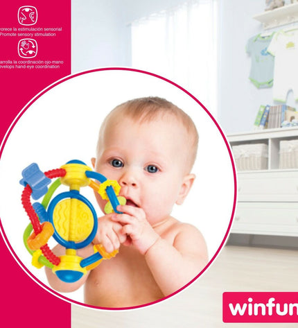 Set of 12 Winfun plastic rattles for babies, measuring 12 x 13.5 x 12 cm, colorful and lightweight baby toy for young children.