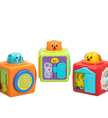 Set of six Winfun baby agility toys with three colorful parts each, measuring 8x24.5x8 cm, designed for young children.