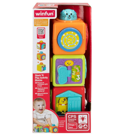 Set of six Winfun baby agility toys with three colorful parts, measuring 8 x 24.5 x 8 cm, designed for young children.