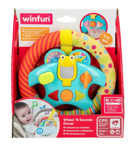Set of six Winfun baby steering wheel toys, 16.5x16.5x2.5 cm, designed for young children to play and develop motor skills.