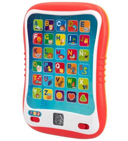 Six Winfun educational tablets in red, electronic learning toys for children, featuring colorful buttons and interactive screens.