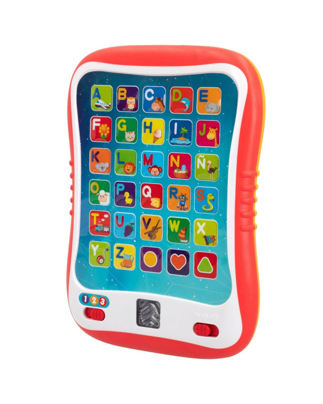 Six Winfun educational tablets in red, electronic learning toys for children, featuring colorful buttons and interactive screens.
