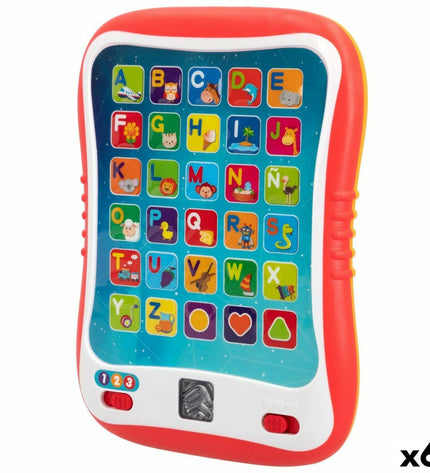 Six Winfun educational tablets in red, electronic toy devices with colorful buttons and screens for children.