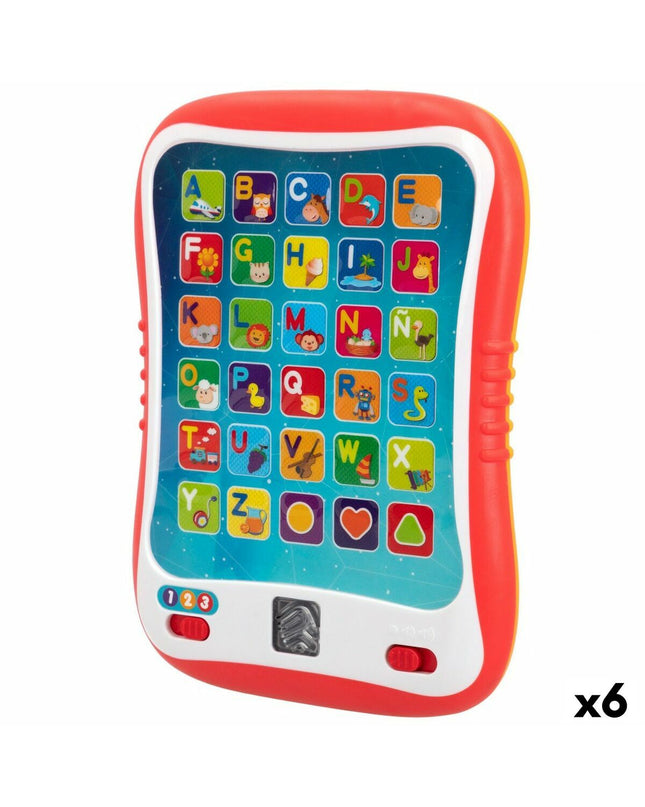 Six Winfun educational tablets in red, electronic toy devices with colorful buttons and screens for children.