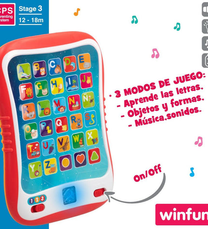 Six Winfun educational tablets in red for kids, electronic learning toys with colorful buttons and playful designs.