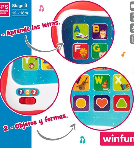Six red Winfun educational tablets for kids, electronic toy with colorful buttons and learning features, suitable for children.