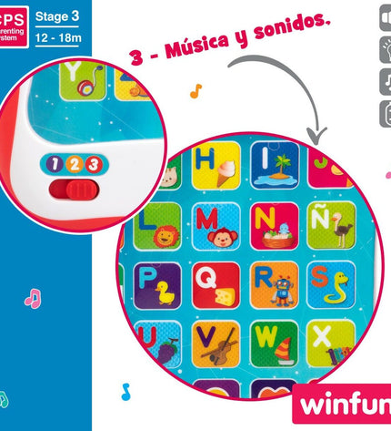 Six Winfun educational tablets in red, electronic toys for children, with colorful buttons and playful design.