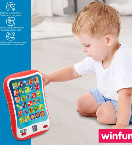 Six Winfun educational electronic tablets in red, featuring colorful buttons and playful designs for children's learning and entertainment.