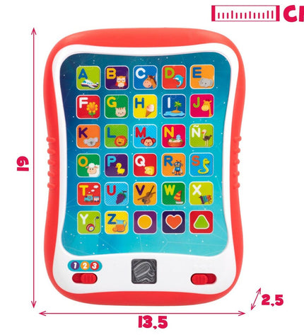 Six Winfun educational electronic tablets in red, designed for children, with colorful buttons and playful graphics.