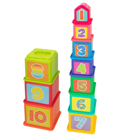 PlayGo baby stacking blocks set with four colorful wooden blocks, measuring 10.2 x 50.8 x 10.2 cm, for young children’s play.