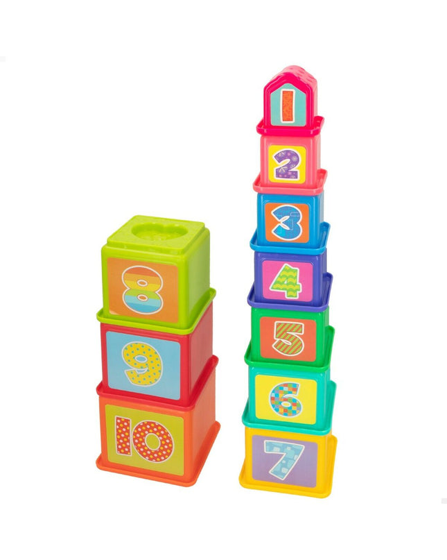 PlayGo baby stacking blocks set with four colorful wooden blocks, measuring 10.2 x 50.8 x 10.2 cm, for young children’s play.