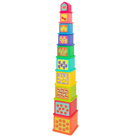 PlayGo baby stacking blocks set with four colorful plastic blocks measuring 10.2 x 50.8 x 10.2 cm, suitable for young children.