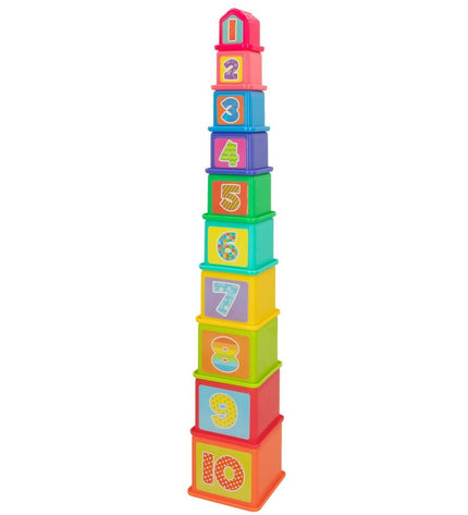 Colorful PlayGo baby stacking blocks set with four pieces, measuring 10.2 x 50.8 x 10.2 cm, for young children’s play and learning.