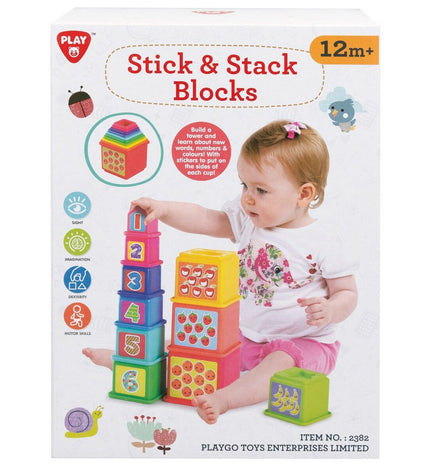 PlayGo baby stacking blocks set with four colorful plastic blocks, measuring 10.2 x 50.8 x 10.2 cm, for young children’s play.