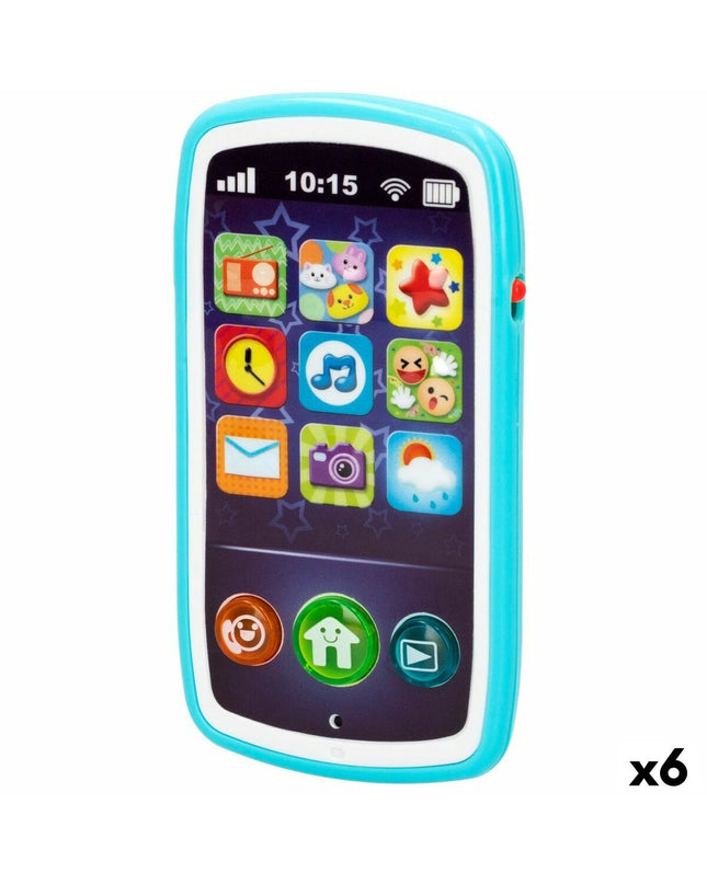 Set of six Winfun baby toy phones, colorful plastic playphones measuring 7.5x14x2 cm, designed for young children.