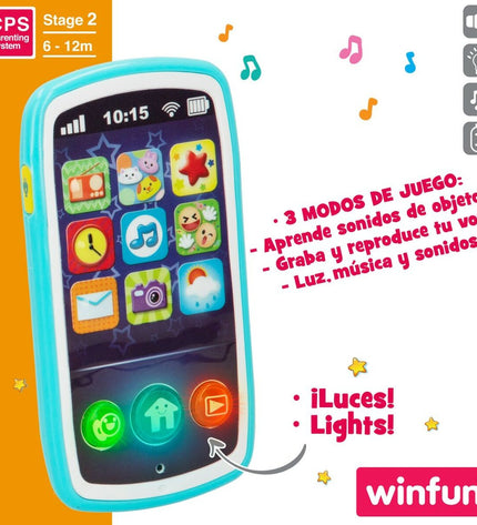Set of six Winfun baby toy phones, colorful plastic playphones for young children, 7.5 x 14 cm size in vibrant colors.