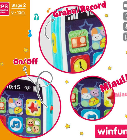 Set of six Winfun baby toy phones, colorful plastic handheld devices for young children, measuring 7.5 x 14 x 2 cm each.