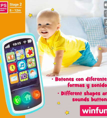 Set of six Winfun baby toy phones, colorful plastic playphones measuring 7.5 x 14 x 2 cm for young children.