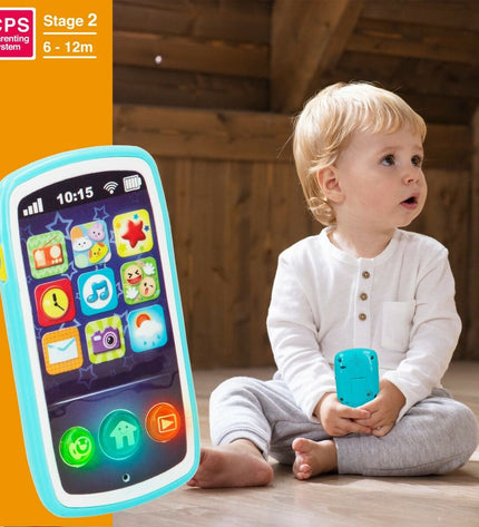 Set of six Winfun baby toy phones, 7.5 x 14 cm, colorful plastic toys for young children to play and develop their skills.