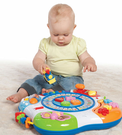 Winfun baby activity center with train and piano, colorful play toys for young children, measuring 42x34x37.7 cm.