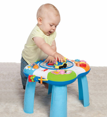 Winfun baby activity center with train and piano, colorful play toys for young children, measuring 42x34x37.7 cm.