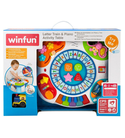 Winfun baby activity centers with train and piano, featuring colorful interactive toys for young children, measuring 42x34x37.7 cm.