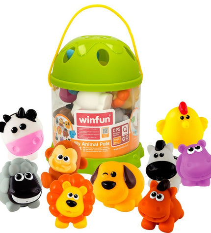 Set of six Winfun plastic farm animal figures, 5.5 cm tall, featuring various farm animals for play and imaginative games.
