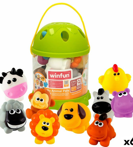 Set of six Winfun plastic farm animal figures, 5.5 cm each, featuring detailed toy animals for children’s pretend play.