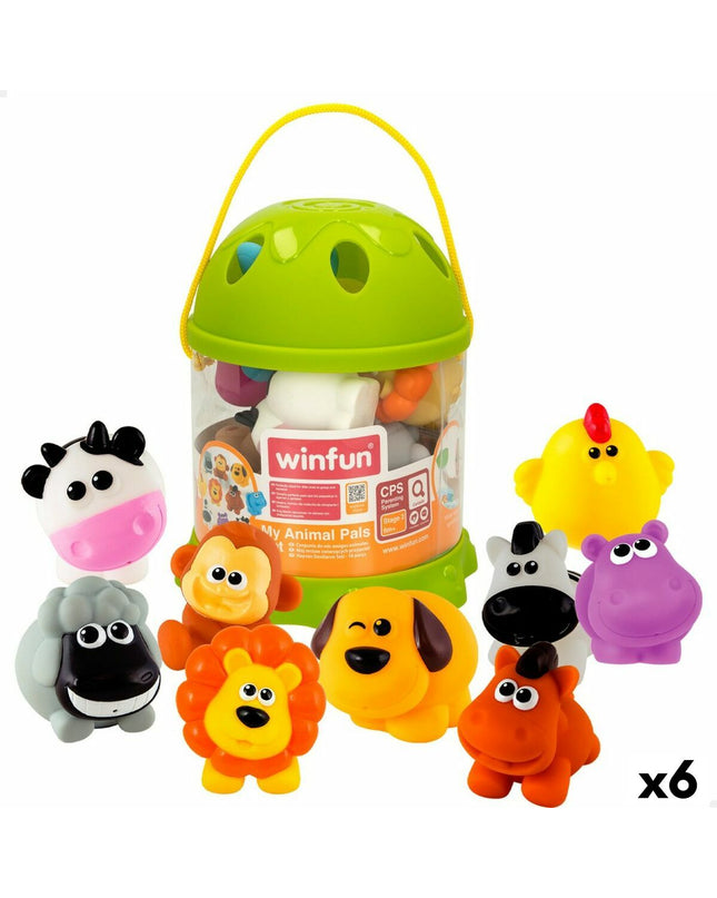 Set of six Winfun plastic farm animal figures, 5.5 cm each, featuring detailed toy animals for children’s pretend play.