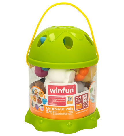 Set of six Winfun plastic farm animal figurines, including various toy animals, each approximately 5.5 cm tall.